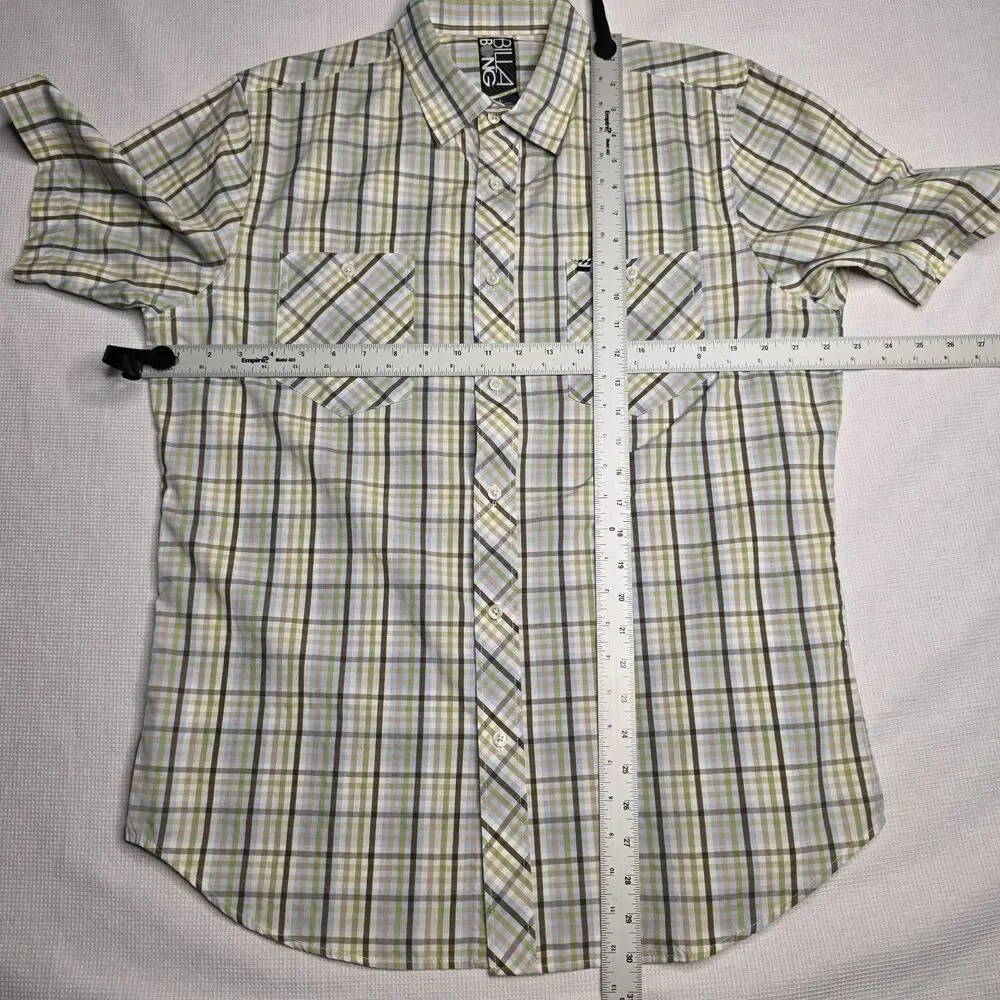 Billabong Men’s M White Olive Green Brown Blue Plaid Shirt SS Button Down
